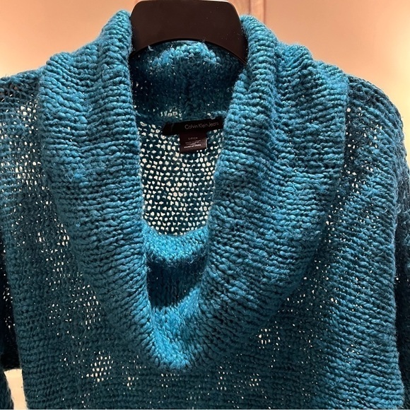 CALVIN KLEIN JEANS Small Teal Green Cowl Turtleneck Loose Knobby Knit Sweater - Picture 4 of 15